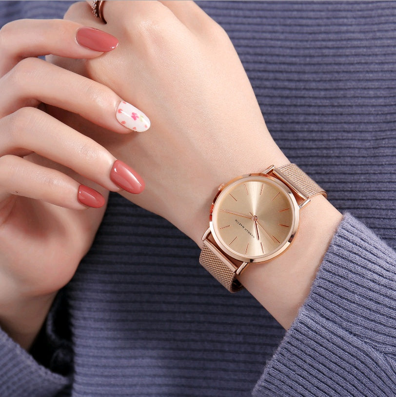 Rose Gold Minimalist Mesh Watch – Waterproof Women’s Quartz