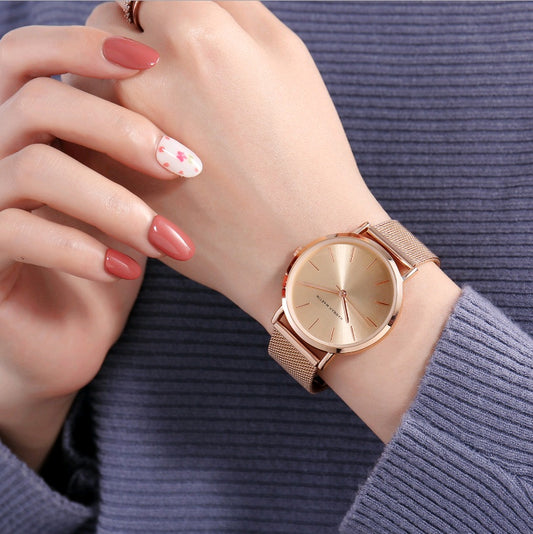 Rose Gold Minimalist Mesh Watch – Waterproof Women’s Quartz