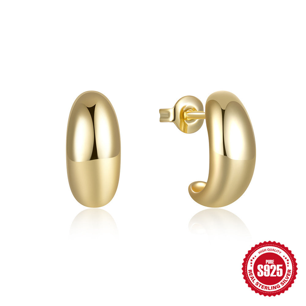 925 Sterling Silver C-Hoop Stud Earrings – Minimalist Glossy Design