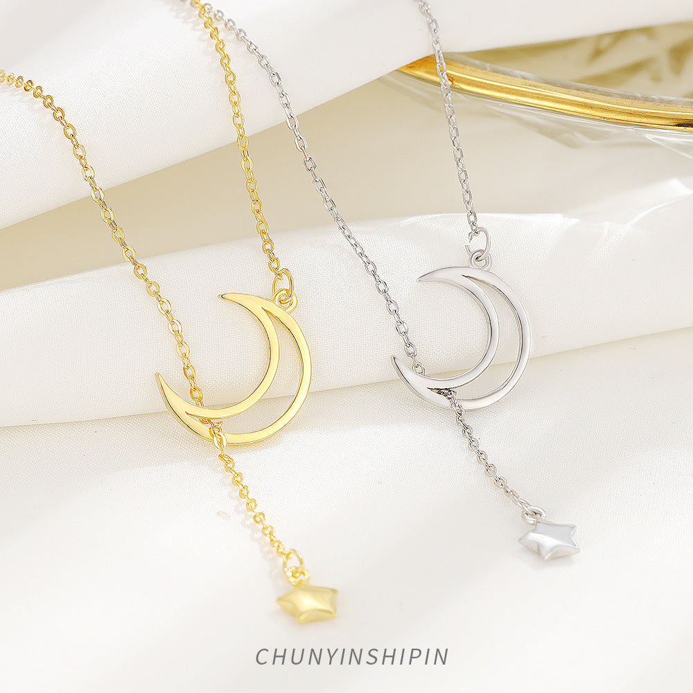 925 Sterling Silver Moon & Star Necklace – Minimalist Tassel Design