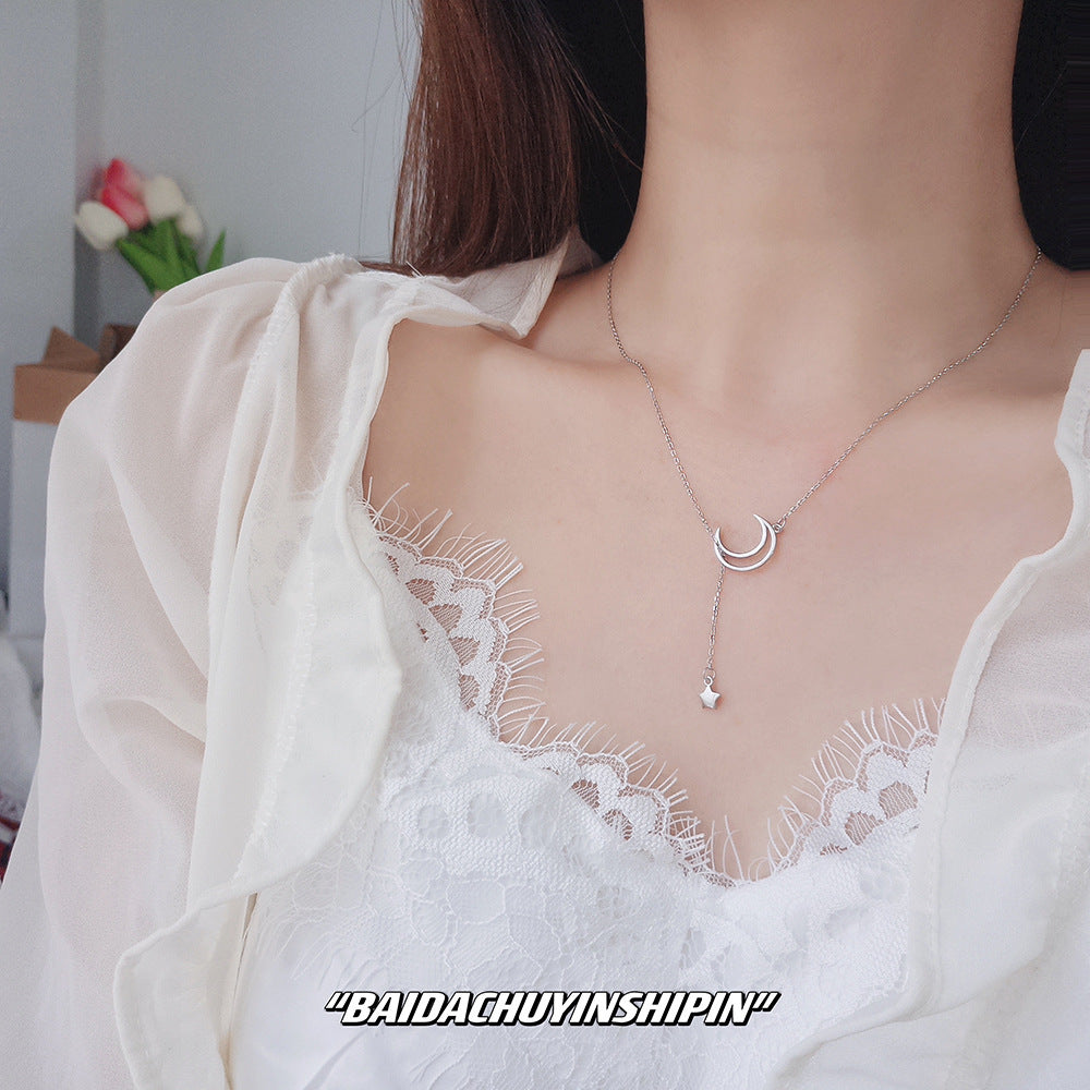 925 Sterling Silver Moon & Star Necklace – Minimalist Tassel Design
