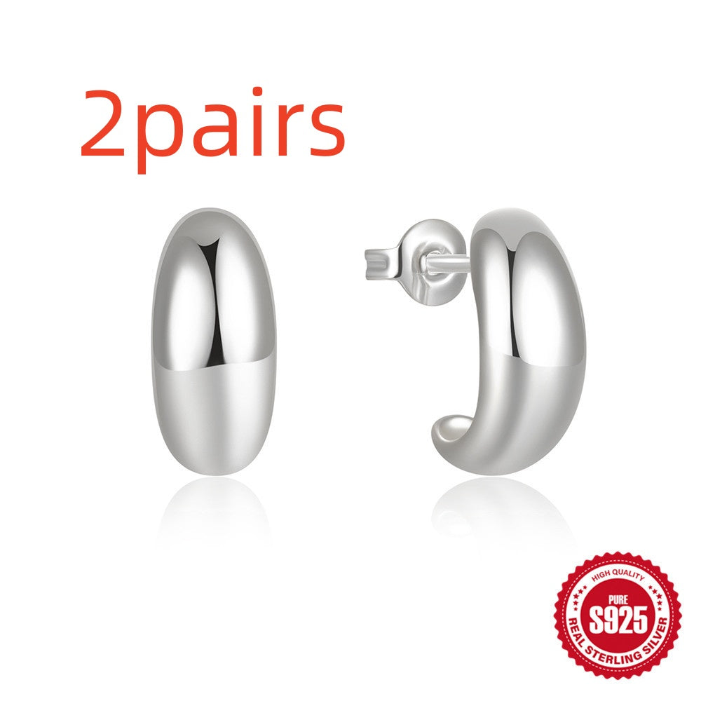 925 Sterling Silver C-Hoop Stud Earrings – Minimalist Glossy Design