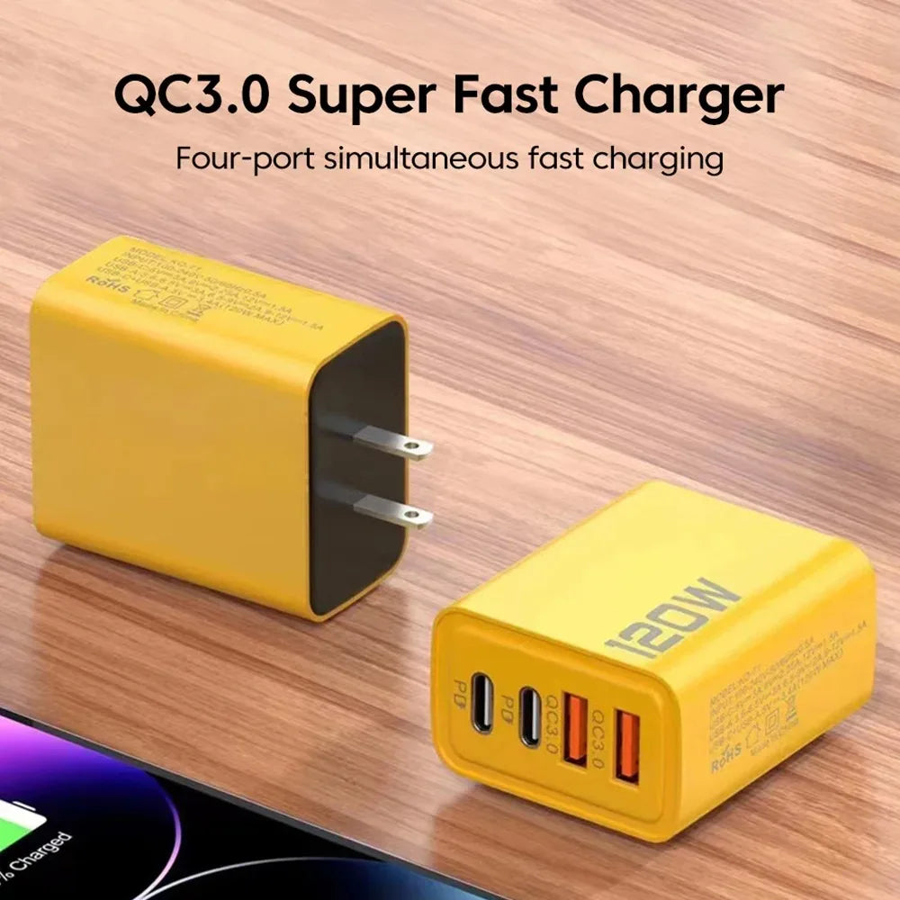 4-Port USB-C PD Fast Charger (120W) – Quick Charge 3.0 for Phones & Tablets