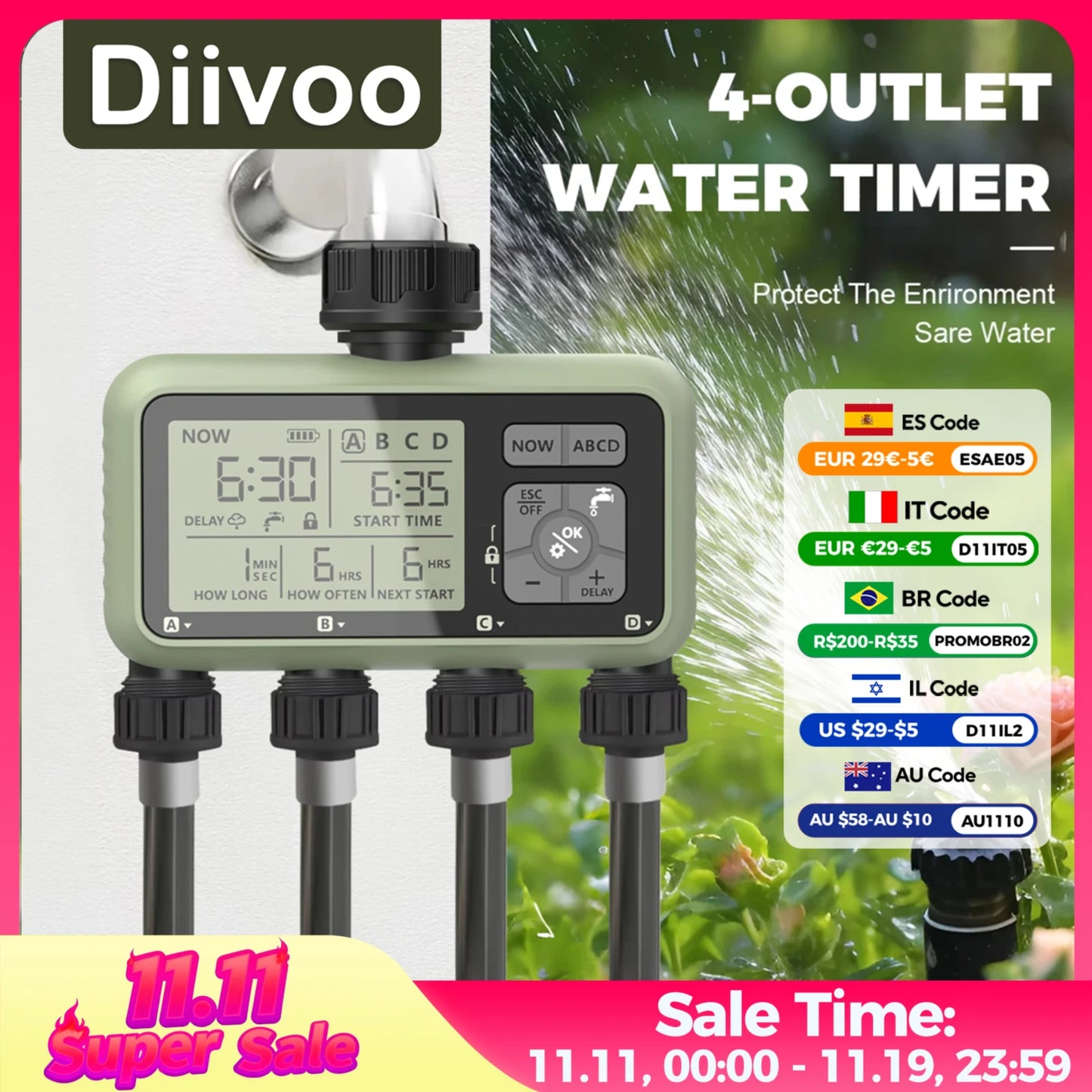 Diivoo 4-Zone Smart Water Timer – Programmable Automatic Irrigation Controller