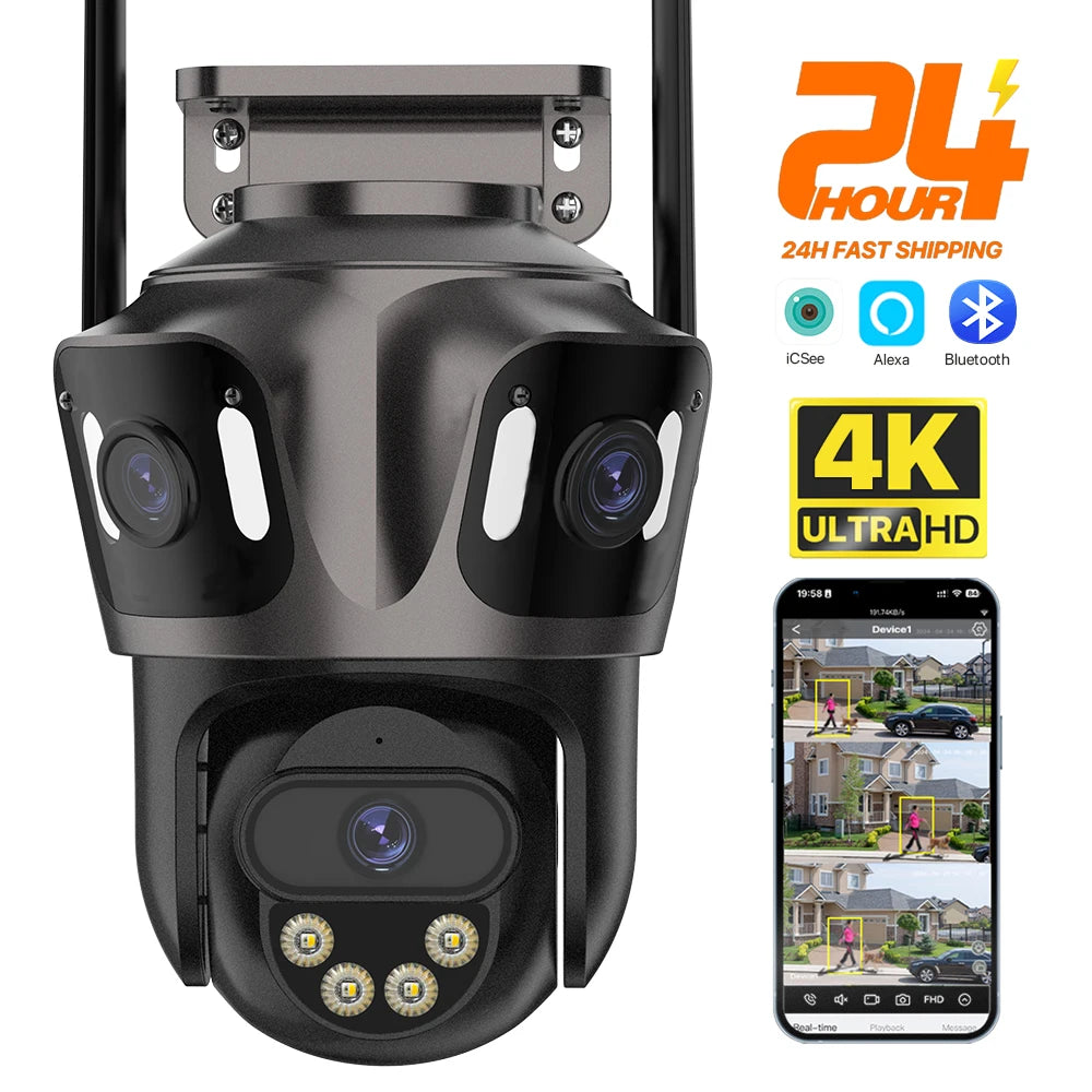 3-Lens Outdoor WiFi Security Camera – AI Human Detection, PTZ & Night Vision