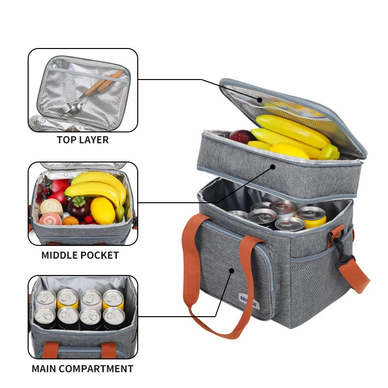 Large Capacity Thermal Lunch Bag – Double Layer Insulated Crossbody (4-Person Capacity)