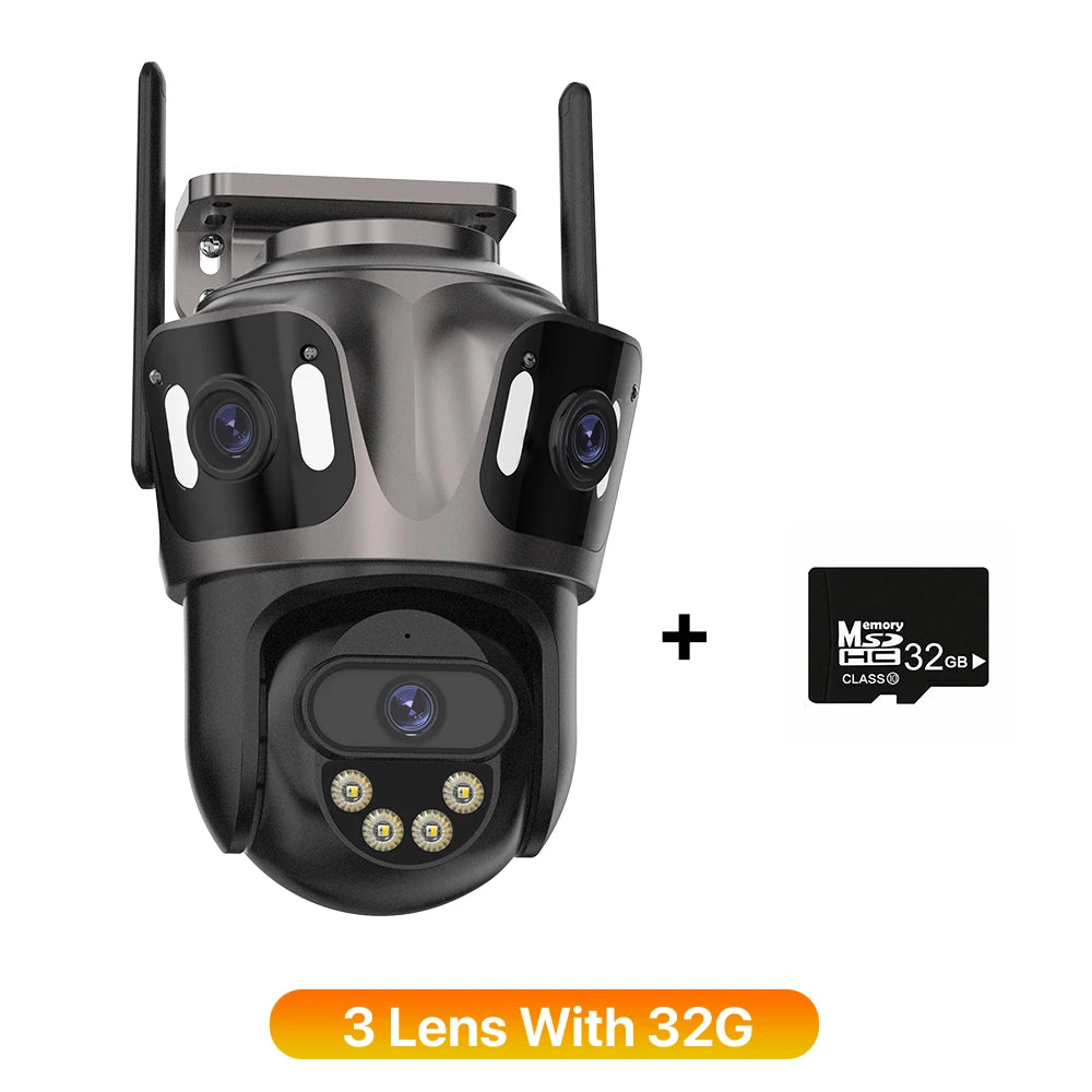 3-Lens Outdoor WiFi Security Camera – AI Human Detection, PTZ & Night Vision