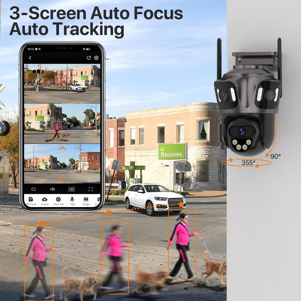 3-Lens Outdoor WiFi Security Camera – AI Human Detection, PTZ & Night Vision