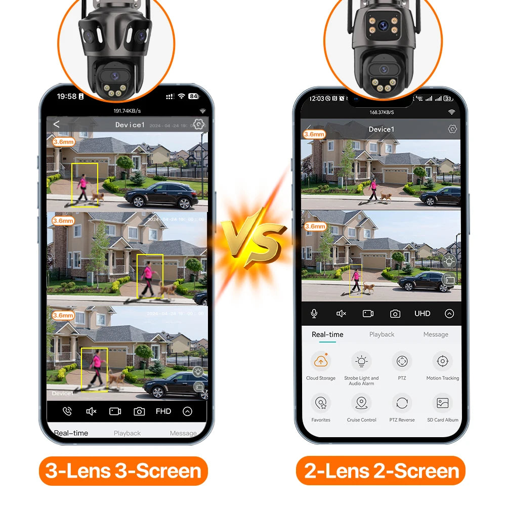3-Lens Outdoor WiFi Security Camera – AI Human Detection, PTZ & Night Vision