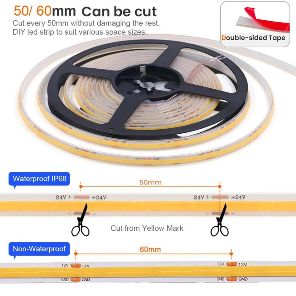 COB LED Strip Light 12V/24V – Waterproof IP68 – 320 LEDs/m High Density