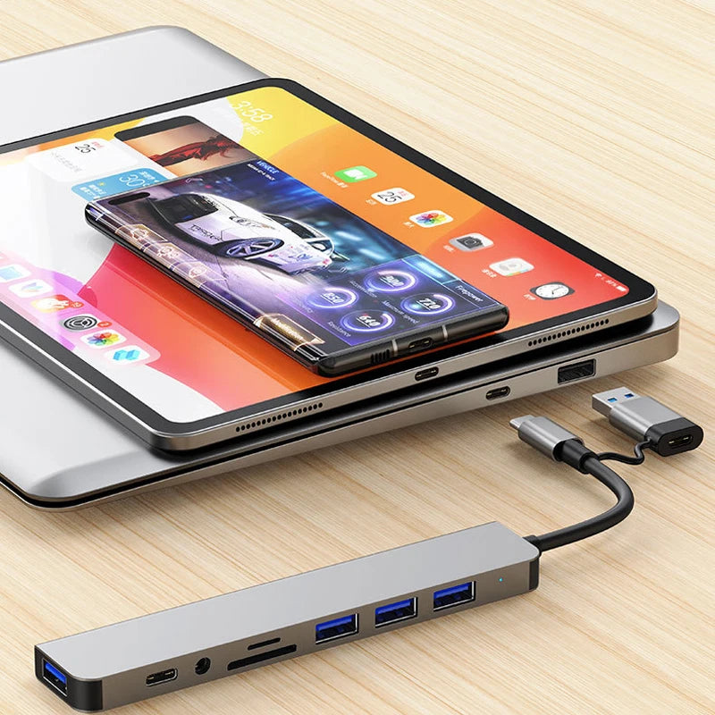 8 in 2 USB +Type C HUB Docking Station with 3.5mm Audio Jack Adapter Micro SD Card Reader Laptop Tablet Phone Disk Converter