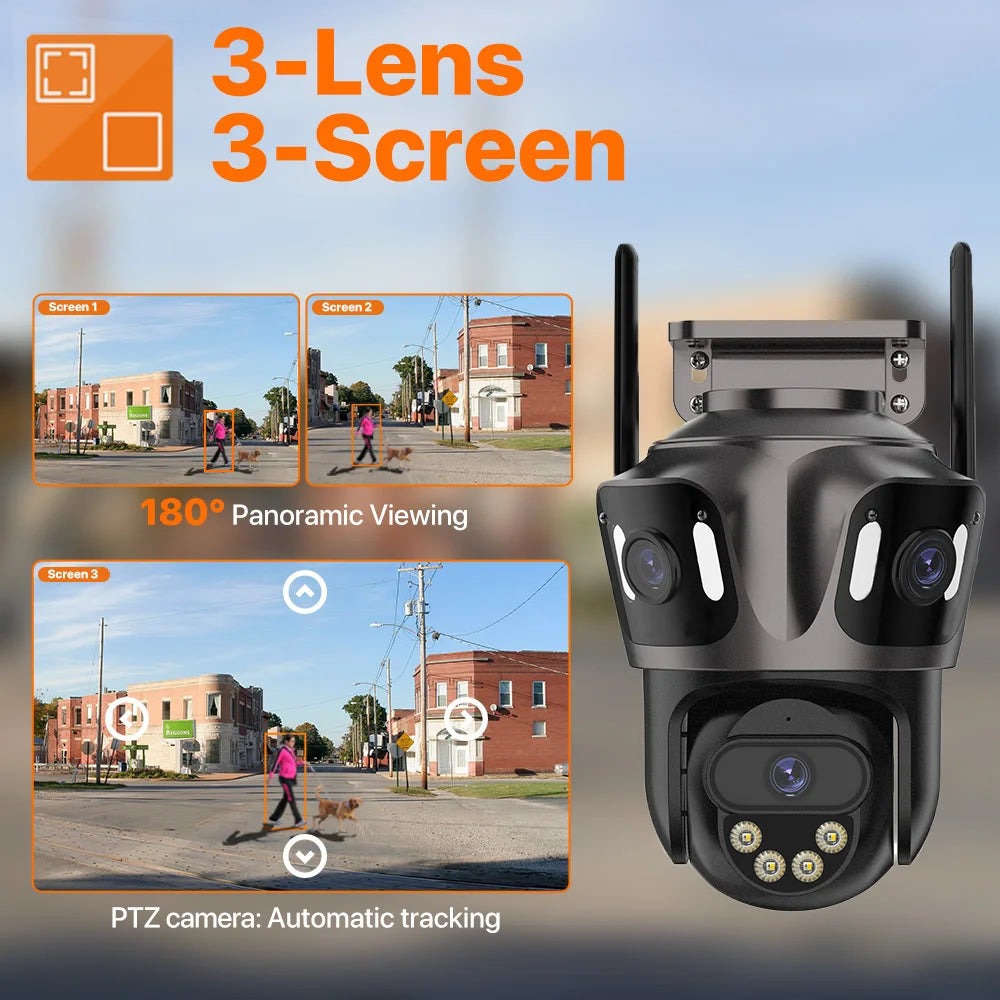 3-Lens Outdoor WiFi Security Camera – AI Human Detection, PTZ & Night Vision
