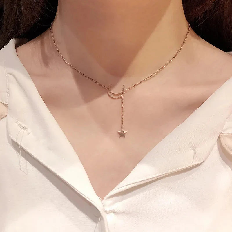 925 Sterling Silver Moon & Star Necklace – Minimalist Tassel Design