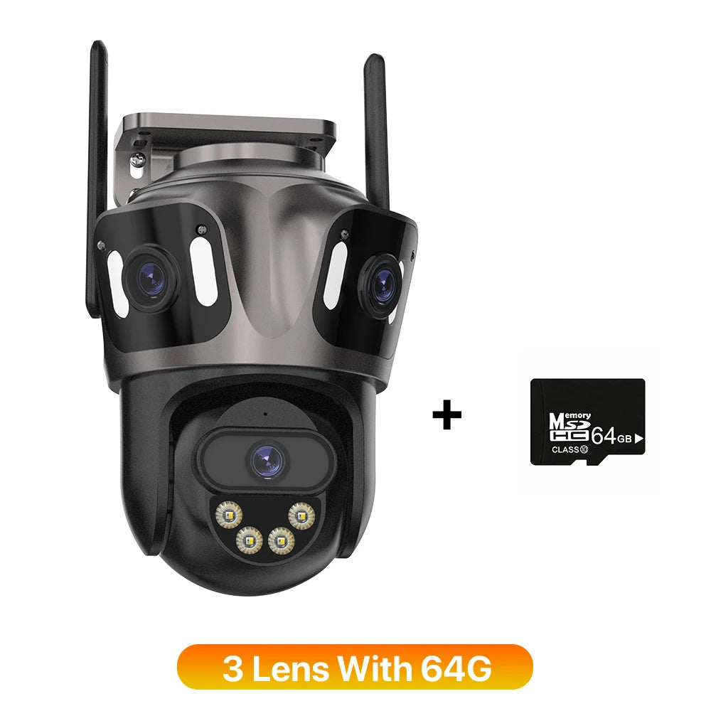 3-Lens Outdoor WiFi Security Camera – AI Human Detection, PTZ & Night Vision