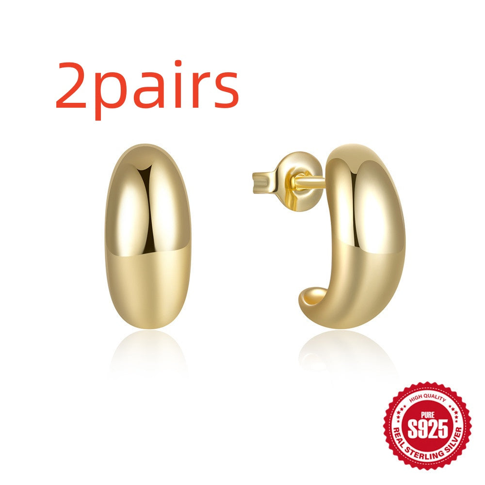 925 Sterling Silver C-Hoop Stud Earrings – Minimalist Glossy Design