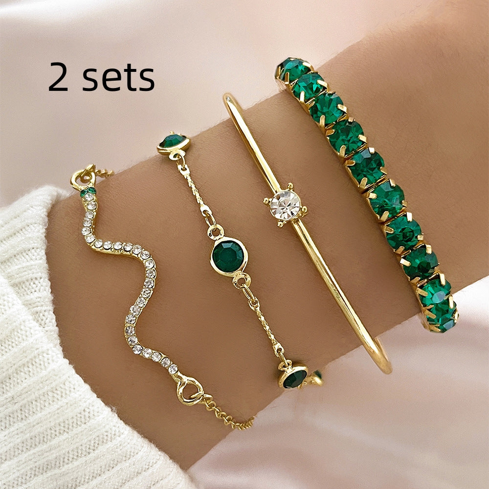 4-Piece Green Gold Bracelet Set – Elegant Stretch Design