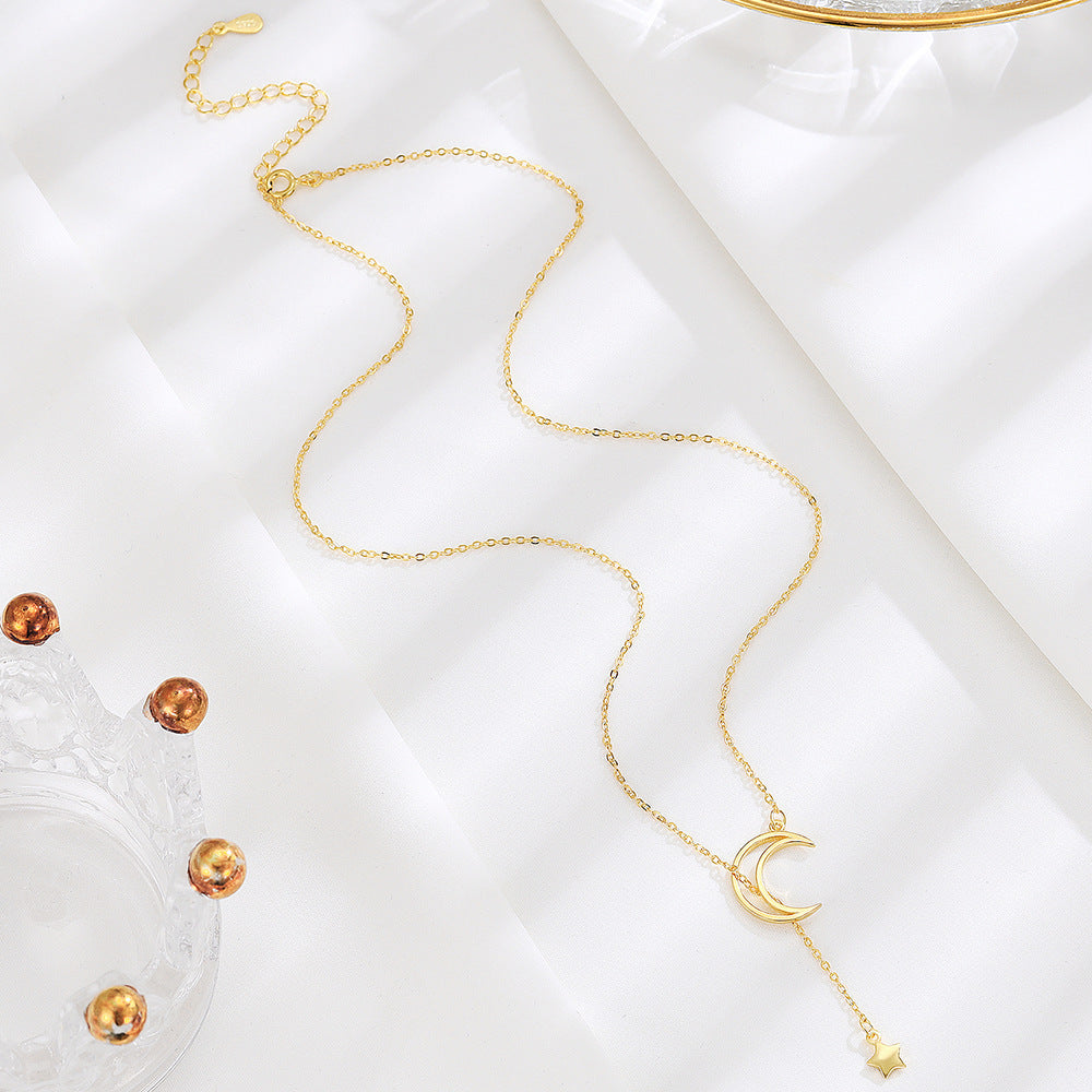 925 Sterling Silver Moon & Star Necklace – Minimalist Tassel Design
