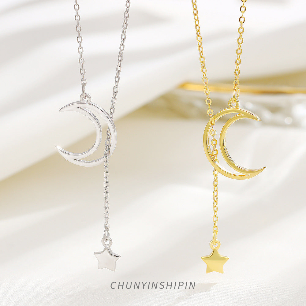 925 Sterling Silver Moon & Star Necklace – Minimalist Tassel Design
