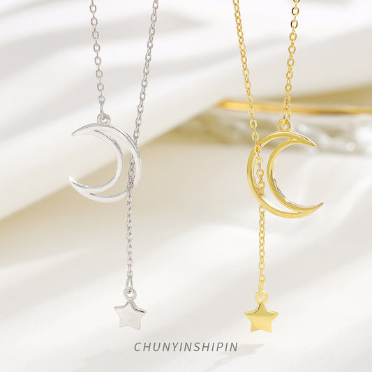 925 Sterling Silver Moon & Star Necklace – Minimalist Tassel Design