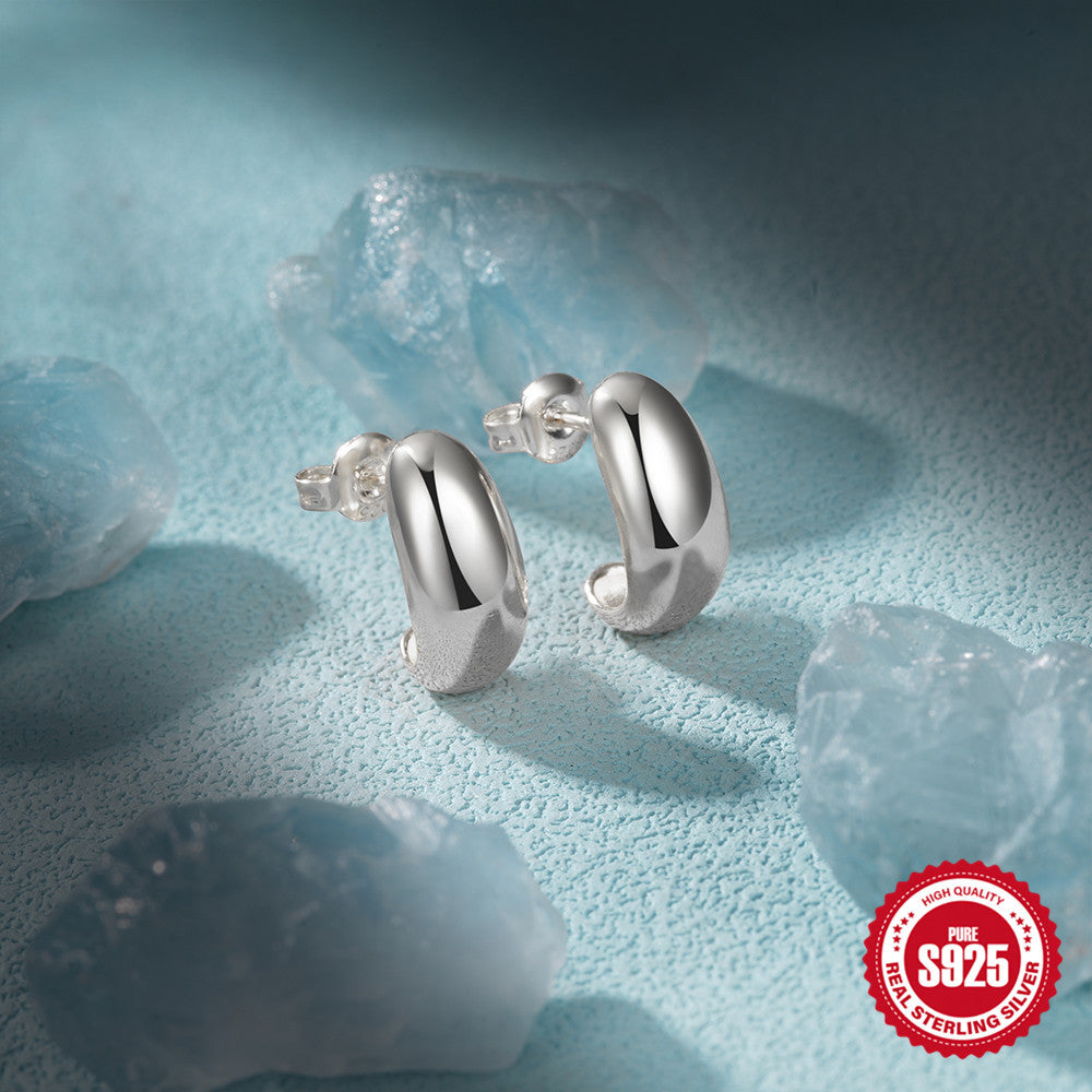 925 Sterling Silver C-Hoop Stud Earrings – Minimalist Glossy Design