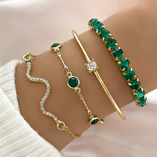 4-Piece Green Gold Bracelet Set – Elegant Stretch Design