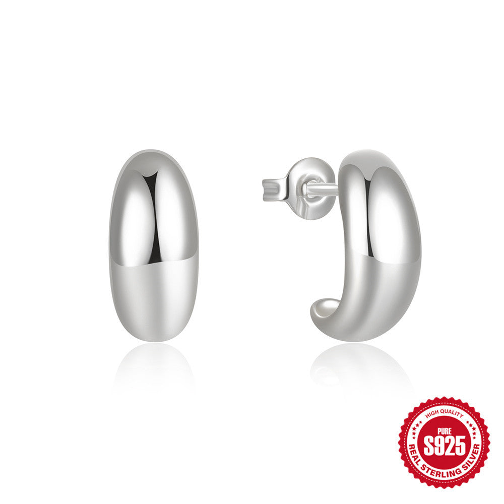 925 Sterling Silver C-Hoop Stud Earrings – Minimalist Glossy Design